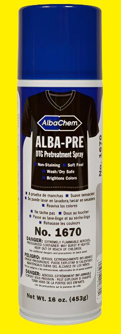 Albachem ALBA-PRE and ALBA-BRO are fantastic pretreats in aerosol form. The unique nozzle applies a smooth, even coat with minimal overspray.