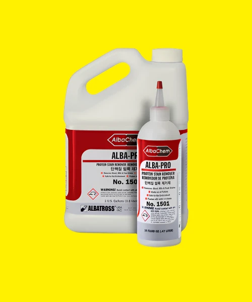 For blood, vomit, food, and other protein-based stains, reach for Alba-Pro. Alba-Pro penetrates and removes tough organic stains.