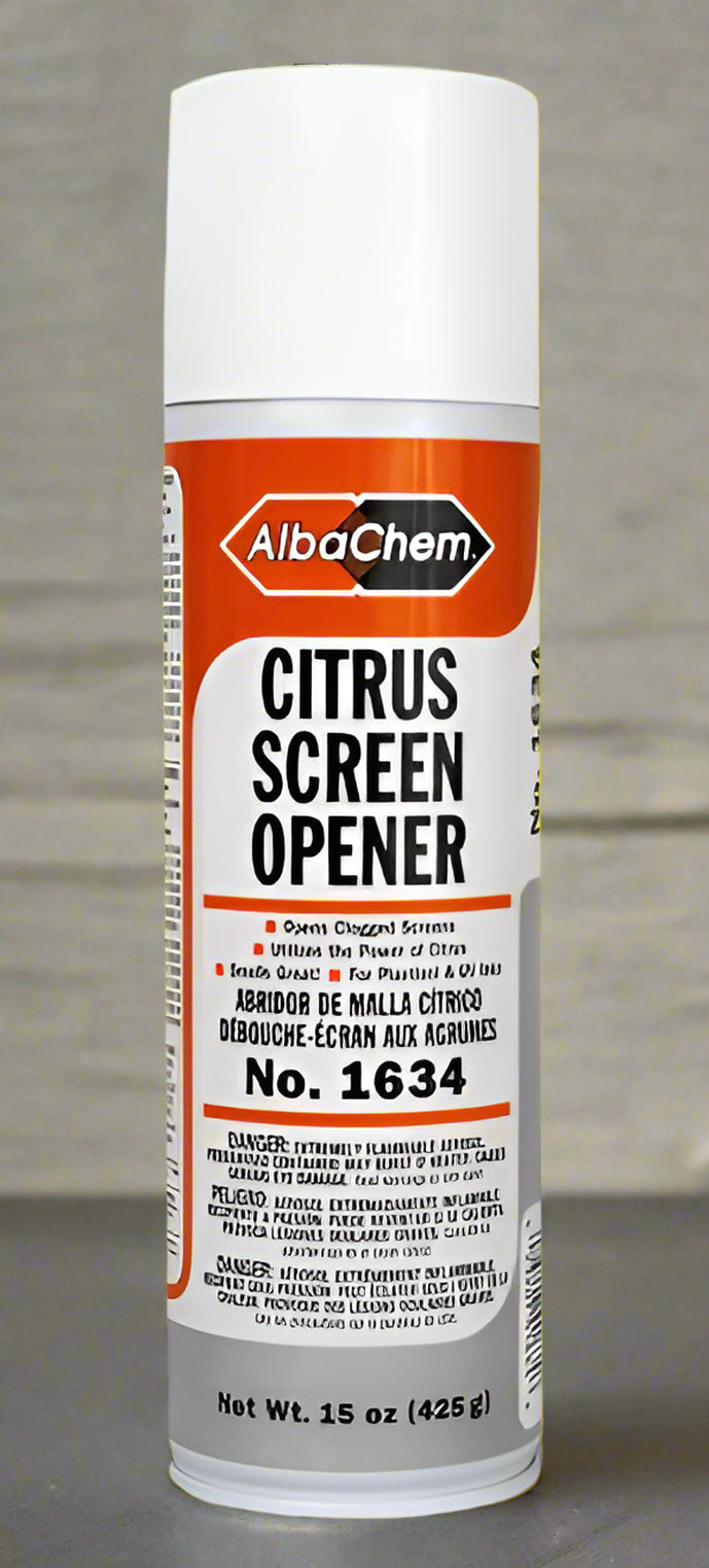 AlbaChem Citrus Screen Opener instantly unclogs any screen while still in the press. It dissolves most types of ink, fresh and old. Use it on photographic stencils or water-soluble hand-cut film only.