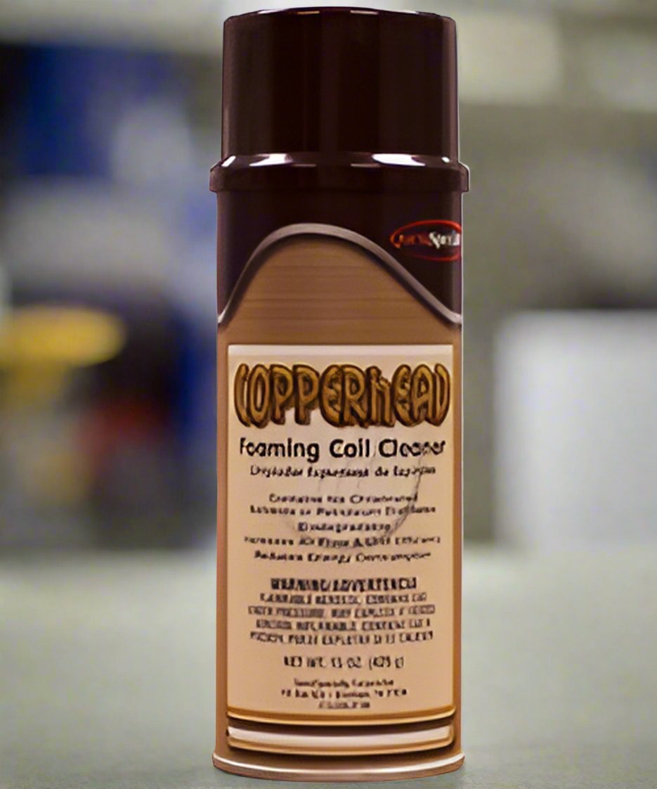Questspecialty COPPERHEAD is a powerful, thick, clinging foam that removes dirt, lint, and grease from the air conditioner and heater coil fins.