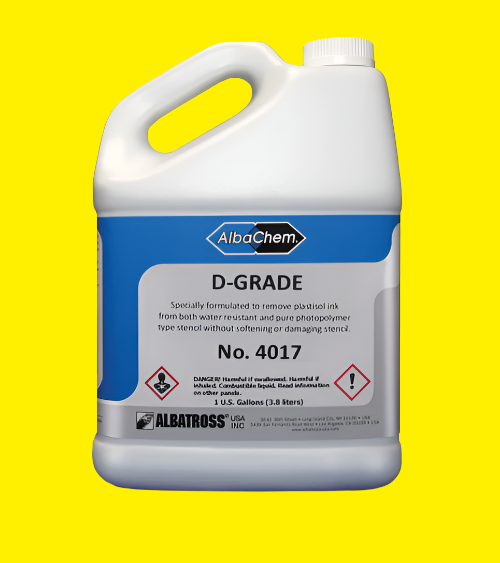Albachem D-Grade Ink Degradent Screen Wash quickly breaks down plastisol, solvent, graphic, and other screen printing inks. D-Grade is a powerful cleaner with a low odor,