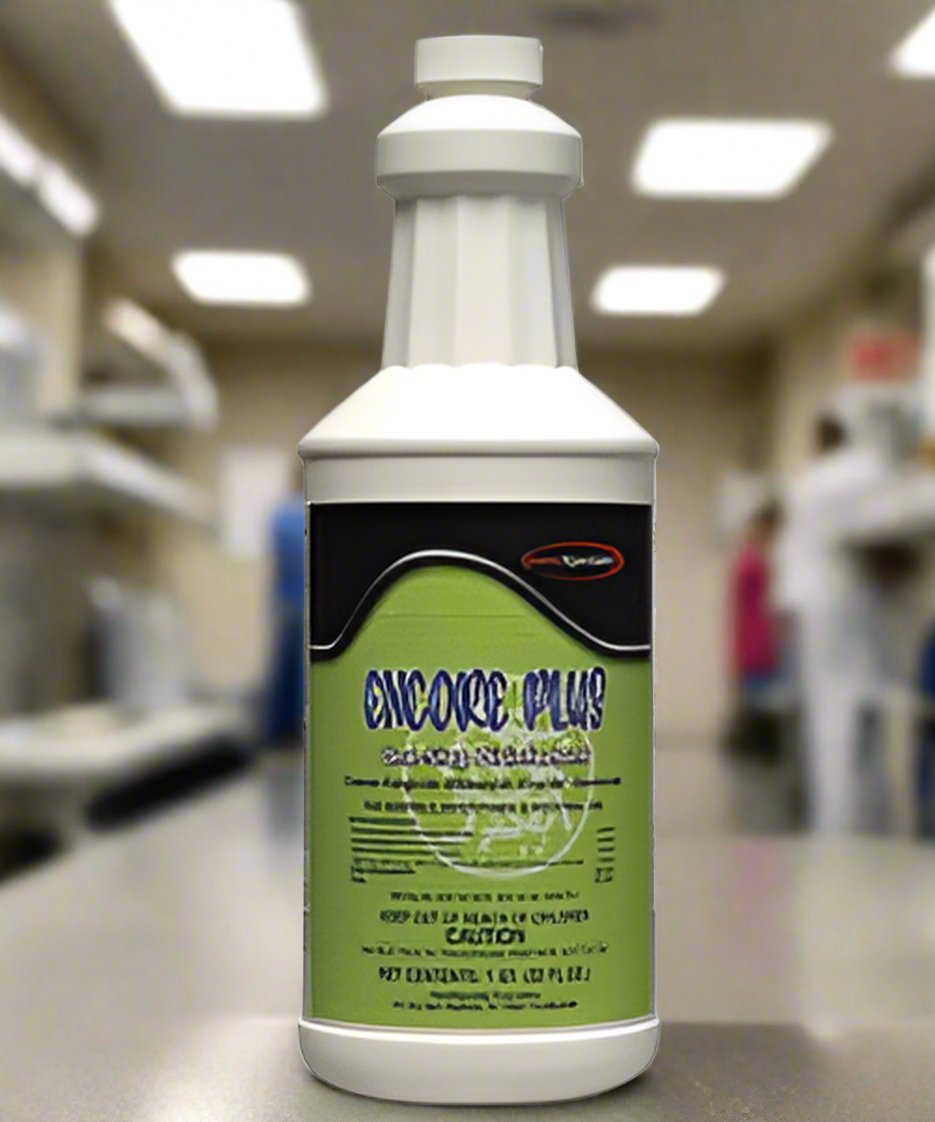 Questspecialty ENCORE PLUS cleans, disinfects, and deodorizes in one labor-saving step. Kills odor-causing bacteria.