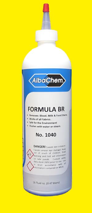 Albachem Formula BR Blood Remover for blood, food, and other protein-based stains. Formula BR penetrates and removes tough organic stains from clothing, upholstery, and linens.