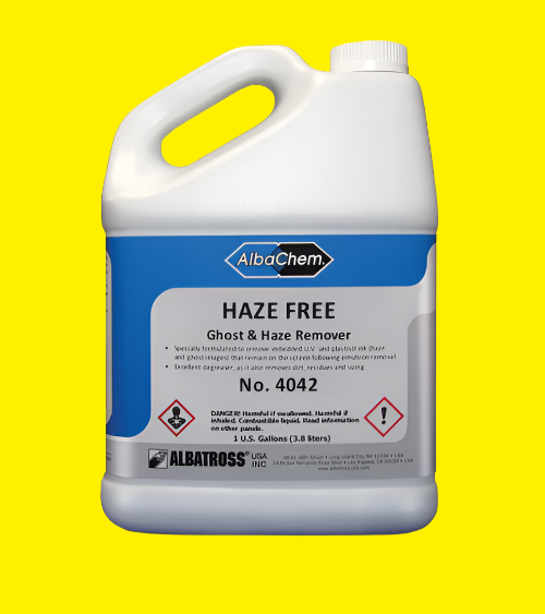 Albachem Haze Free Ghost and Haze Remover Haze Free is a potent haze and ghost remover that works quickly to dissolve ink and residual emulsion stains from mesh.