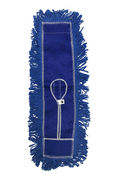 Carolina Mop Dust Mop Looped End Launderable Blue. Blended yarn with blue keyhole backing and snap closures. Looped-End Dust Mop Blue. Launderable.