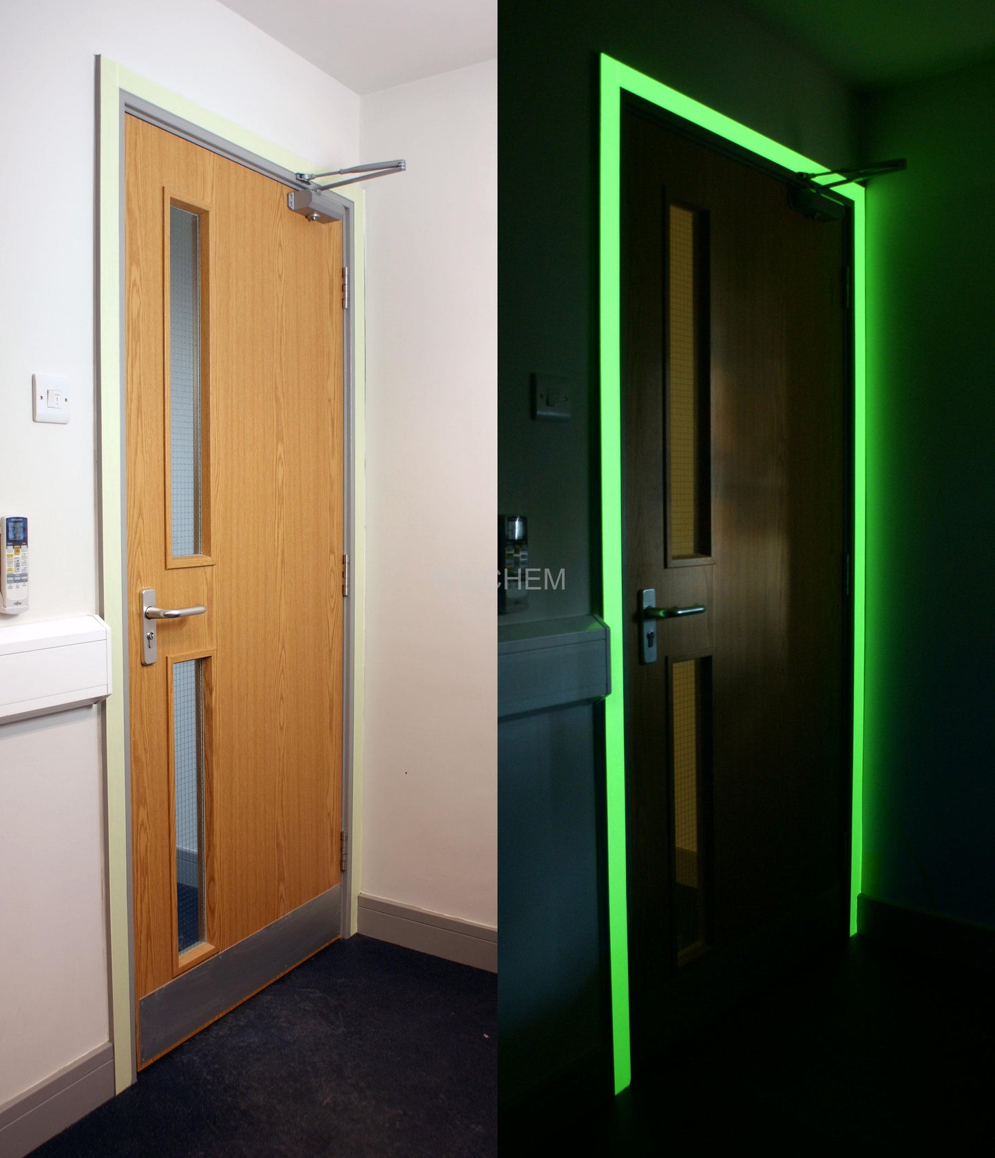 HESKINS EGRESS TAPE GLOWS IN THE DRAK. Its primary use is marking many areas as hazard marking tape. Doorways Marking doorways, particularly door frames, allows exit and entry points to be found in low-light or lights-out situations.