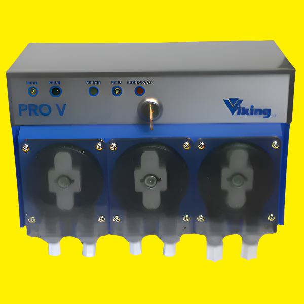 The Viking Pro 5 is a 3 product, liquid rinse, liquid sanitizer & (liquid or powdered/solid) detergent probe controlled warewash dispenser for high temp dish machines.
