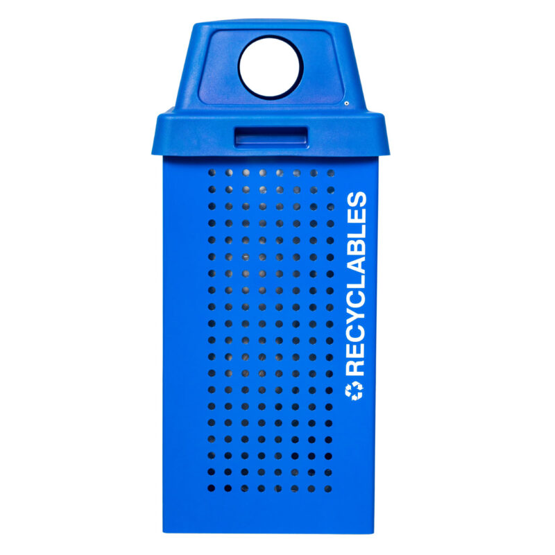 Blue recycling bin with 'RECYCLABLES' branding on a white background