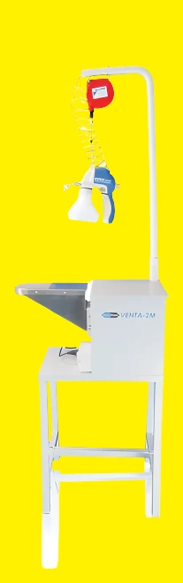 VENTA-2M spot cleaning station in 2 square feet of space. The sleeves-shaped cleaning arm is designed to clean all types of apparel—sturdy steel housing and legs.