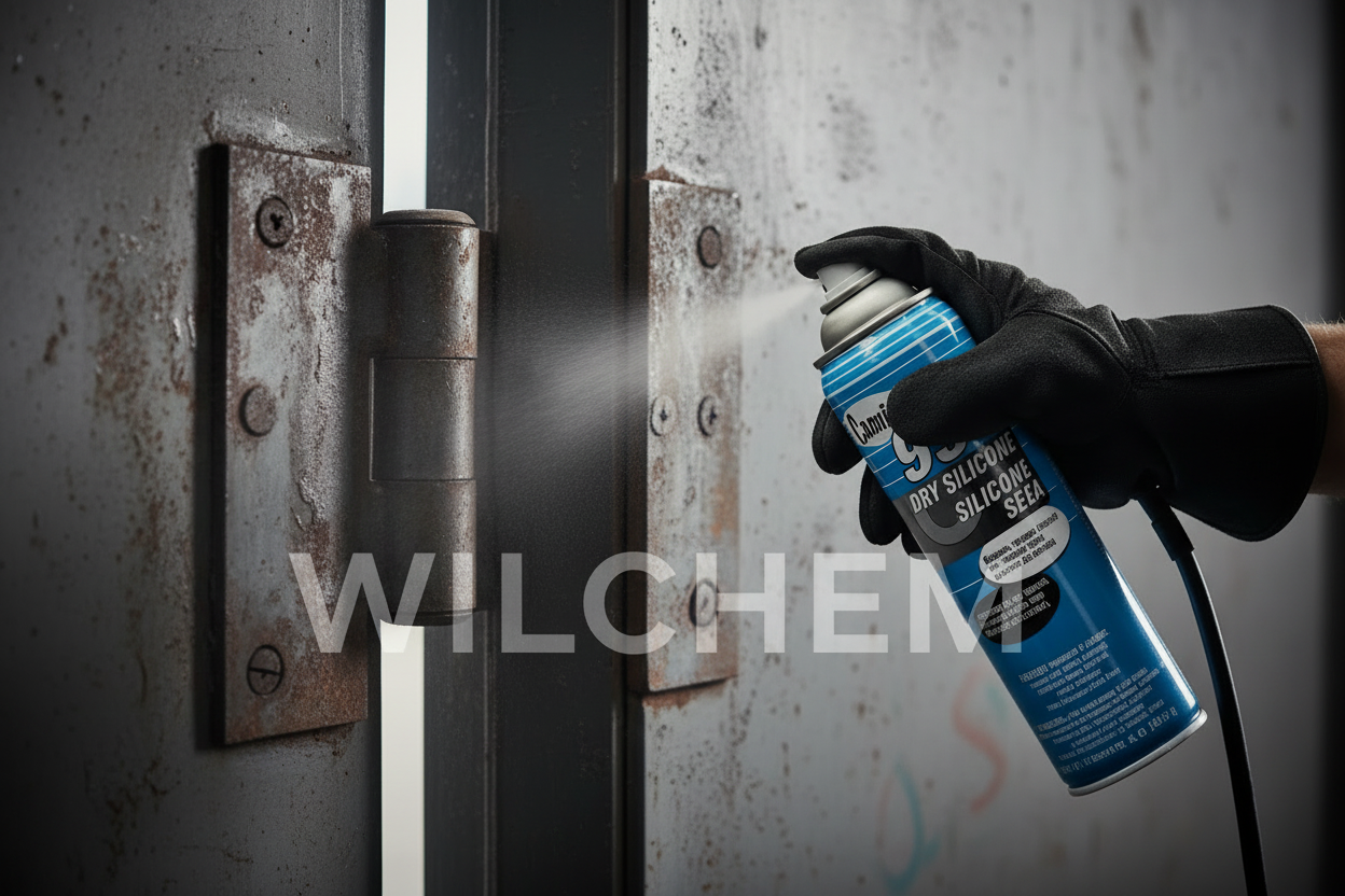Camie 999 Dry Silicone being applied to large industrial door hinge