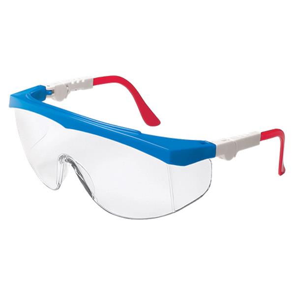 MCR Safety Tomahawk® Eyewear, Blue Frame w/ Red/White Temples, Clear Lens - Case of 12