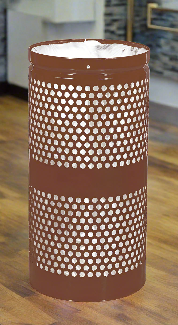 10-gallon, perforated waste receptacle with retainer bands