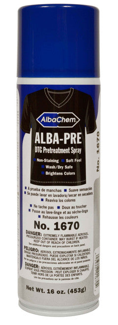 Albachem ALBA-PRE and ALBA-BRO are fantastic pretreats in aerosol form. The unique nozzle applies a smooth, even coat with minimal overspray.