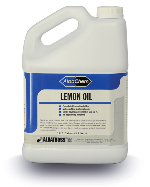 AlbaChem Lemon Oil is a pure mineral-based oil. It keeps wood from drying out, reduces friction and material drag on wood tables, and Restores and rejuvenates cutting boards.