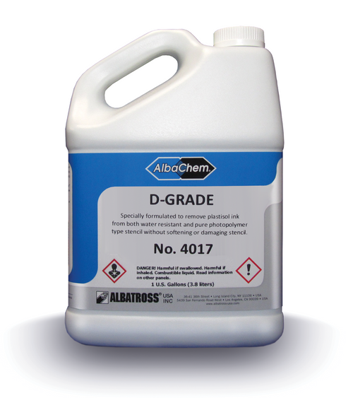 Albachem D-Grade Ink Degradent Screen Wash quickly breaks down plastisol, solvent, graphic, and other screen printing inks. D-Grade is a powerful cleaner with a low odor, 
