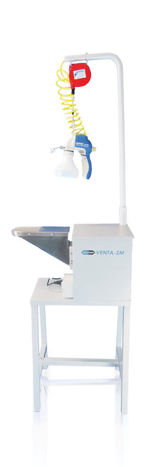 VENTA-2M spot cleaning station in 2 square feet of space. The sleeves-shaped cleaning arm is designed to clean all types of apparel—sturdy steel housing and legs. 