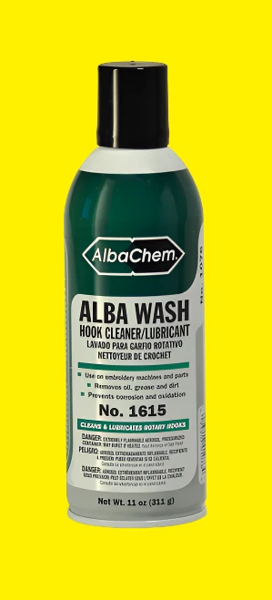 AlbaChem Alba-Wash cleans and lubricates rotary hooks on sewing and embroidery machines. It can also be used as a cleaner/degreaser for other types of machinery. 