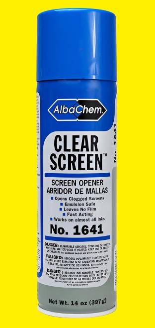 AlbaChem Clear Screen is an aerosol spray designed to clear and open printing screens of dried inks 