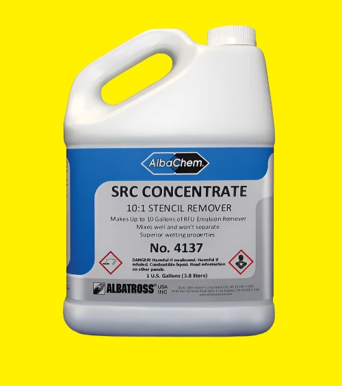 Albachem SRC Stencil Removing Concentrate is the most potent liquid-concentrated emulsion remover available that does not ship as a HAZMAT. Mixes up to 10:1 with water.