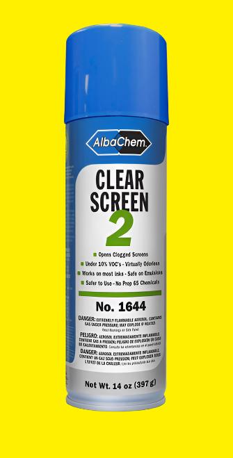 AlbaChem Clear Screen 2 is an aerosol spray designed to clear and open printing screens of dried inks and other dissolvable substances. Does not contain water.