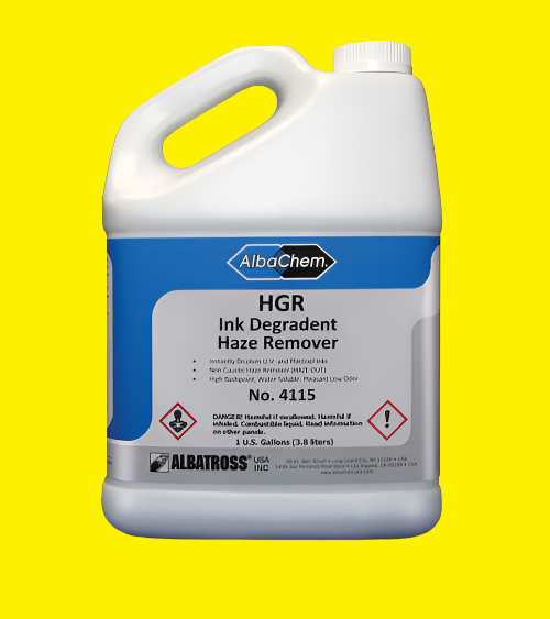 Albachem HGR Ink and Haze Remover is a unique solvent-based screen wash that also works as a non-corrosive haze and stain remover. Low odor and non-hazardous,