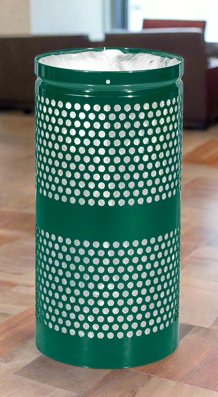 10-gallon, perforated waste receptacle with retainer bands