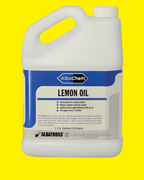 AlbaChem Lemon Oil is a pure mineral-based oil. It keeps wood from drying out, reduces friction and material drag on wood tables, and Restores and rejuvenates cutting boards.