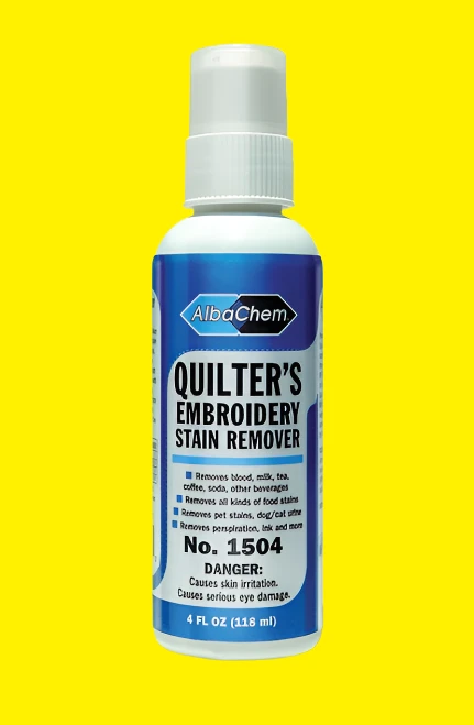 Albachem Quilter's Stain Remover  is the master quilter's choice of cleaner for pesky spots that occur while quilting, such as blood from pinpricks, pets, food, drink, and ink.
