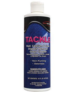 TACKLE removes iron, calcium, and surface rust stains from glass, chrome, fiberglass, stainless steel, porcelain, cement, brick, stucco, tile, and much more