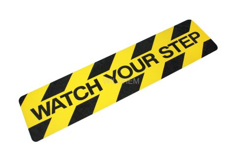 HESKINS SAFETY GRIP PRINTED "WATCH YOUR STEP" STRIP. The Heskins range of printed anti-slip tape is perfect for marking hazardous areas to advise employees and guests to use caution when walking on or near certain areas.