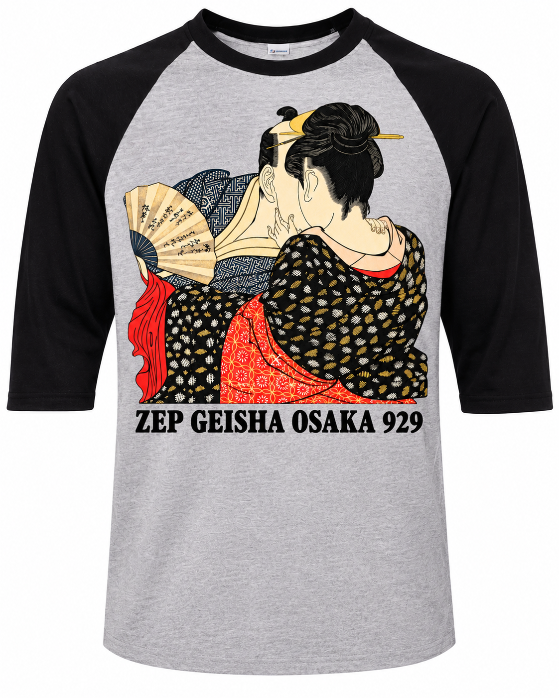 A heather gray and black raglan baseball t-shirt featutures  'ZEP GEISHA OSAKA 929' printed  on Front