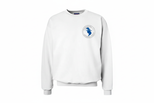 Blue Head Light Gray Font – White Sweatshirt