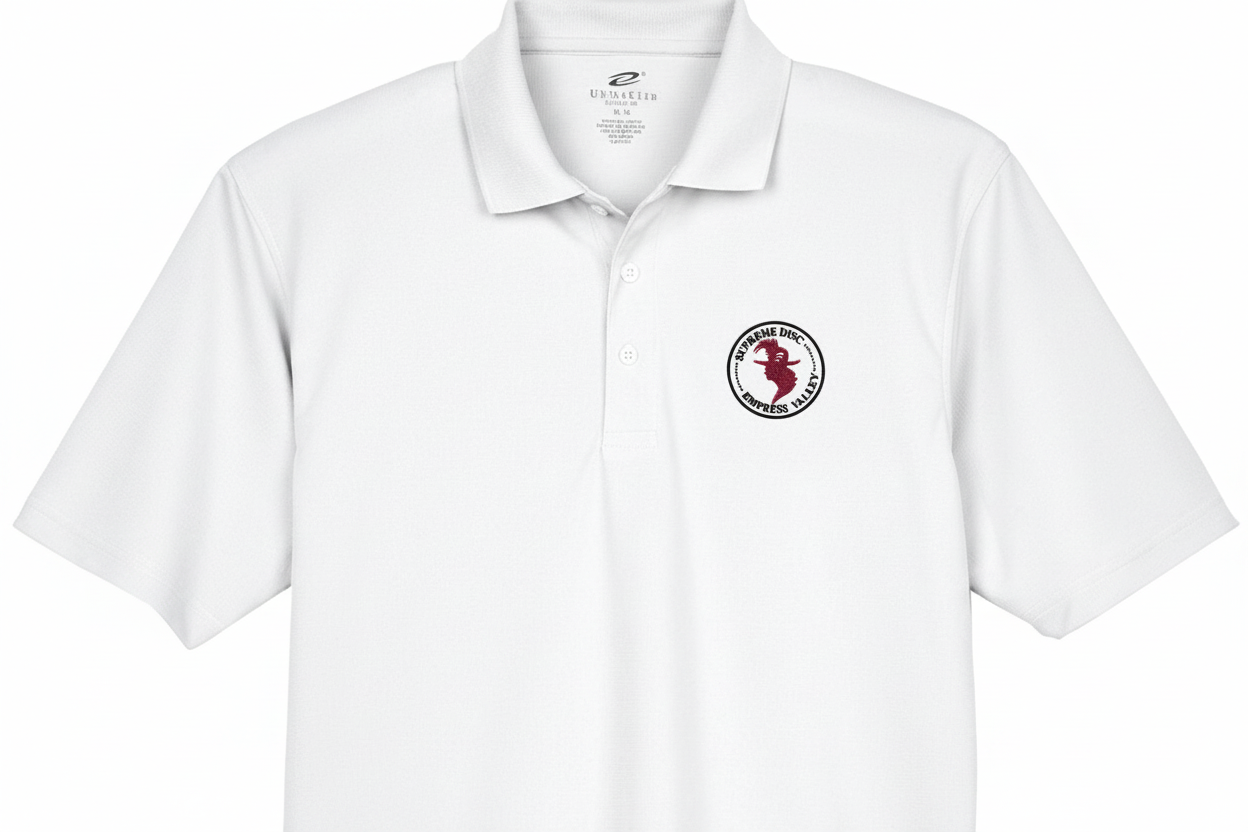 Burgundy Head Black Font – White Polo
