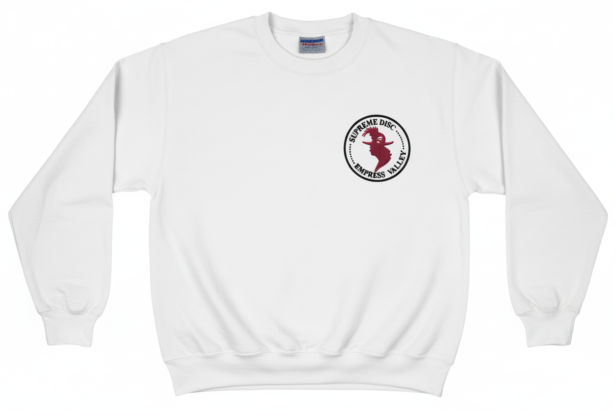 Burgundy Head Black Font – White Sweatshirt