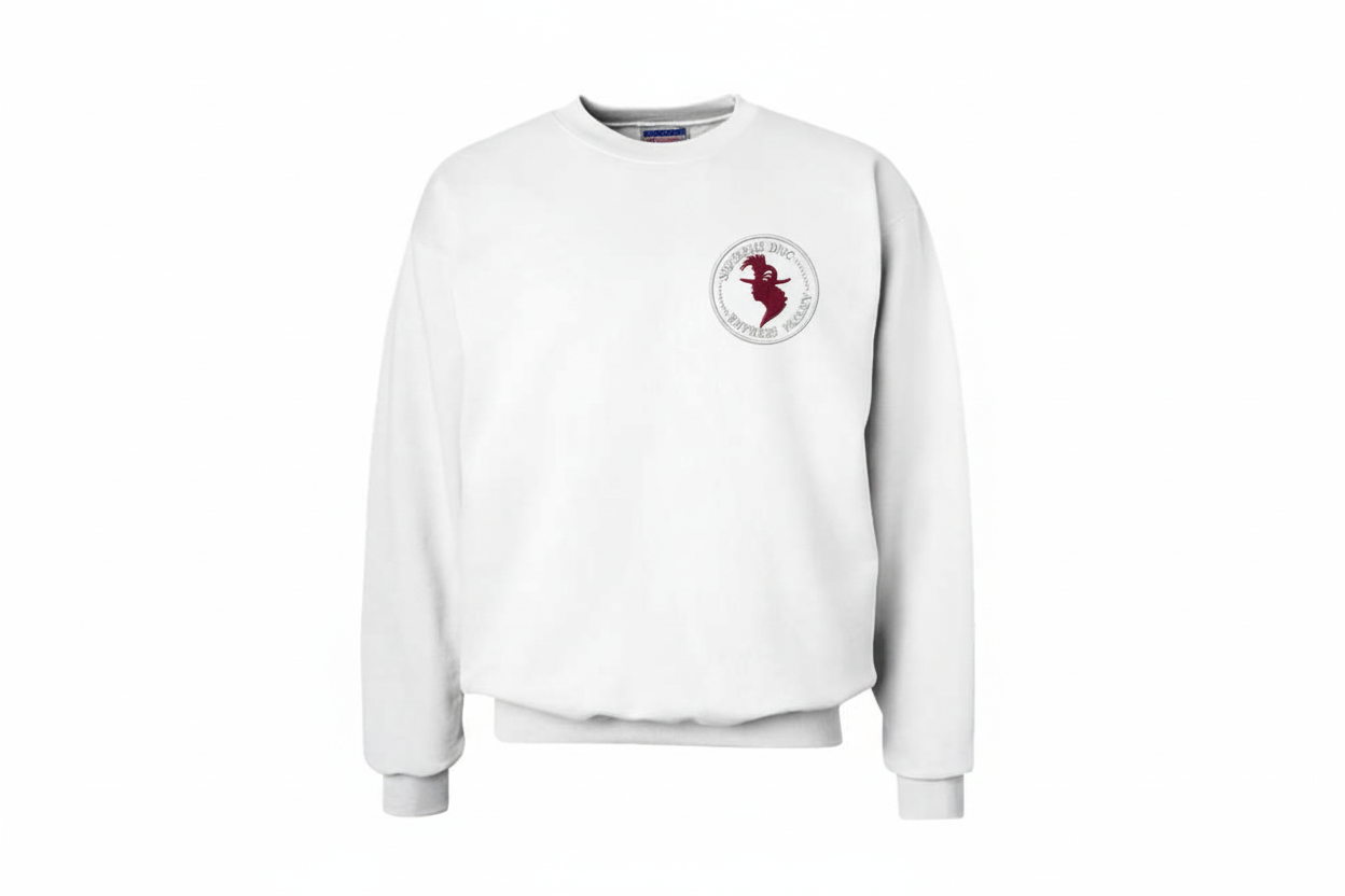 Burgundy Head Light Gray Font – White Sweatshirt