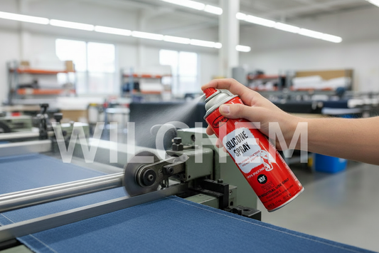 Sprayway SW-946 Silicone Spray being applied to industrial sewing machine in a light manufacturing workshop
