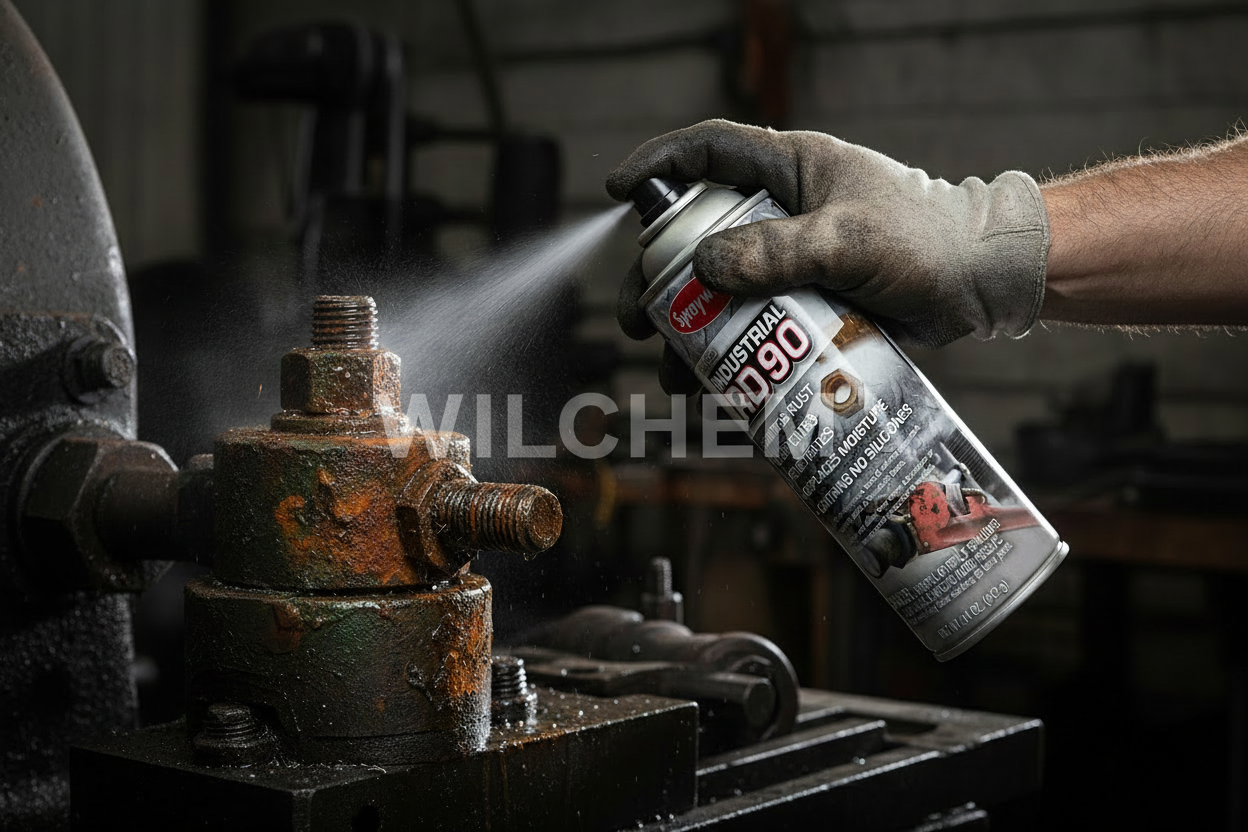 Hand spraying Sprayway Industrial RD90 onto corroded rusted bolt for quick release penetration