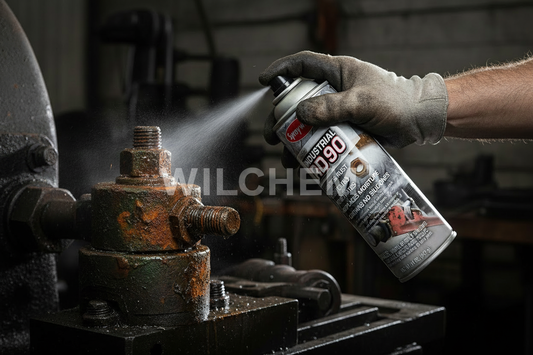 Hand spraying Sprayway Industrial RD90 onto corroded rusted bolt for quick release penetration