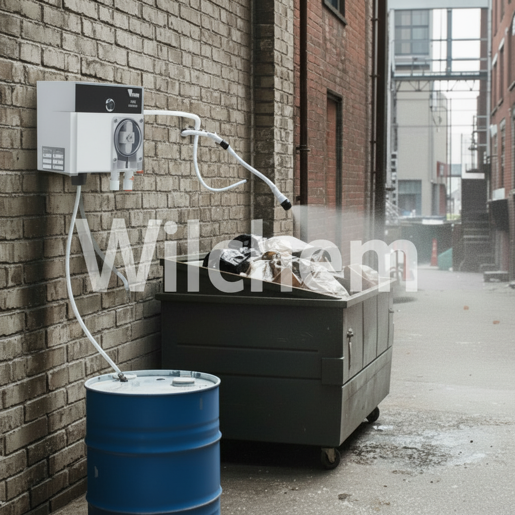 Scentnal Plus pump mounted on brick wall with 55-gallon drum feed line, hinged swing arm over dumpster with mist spray