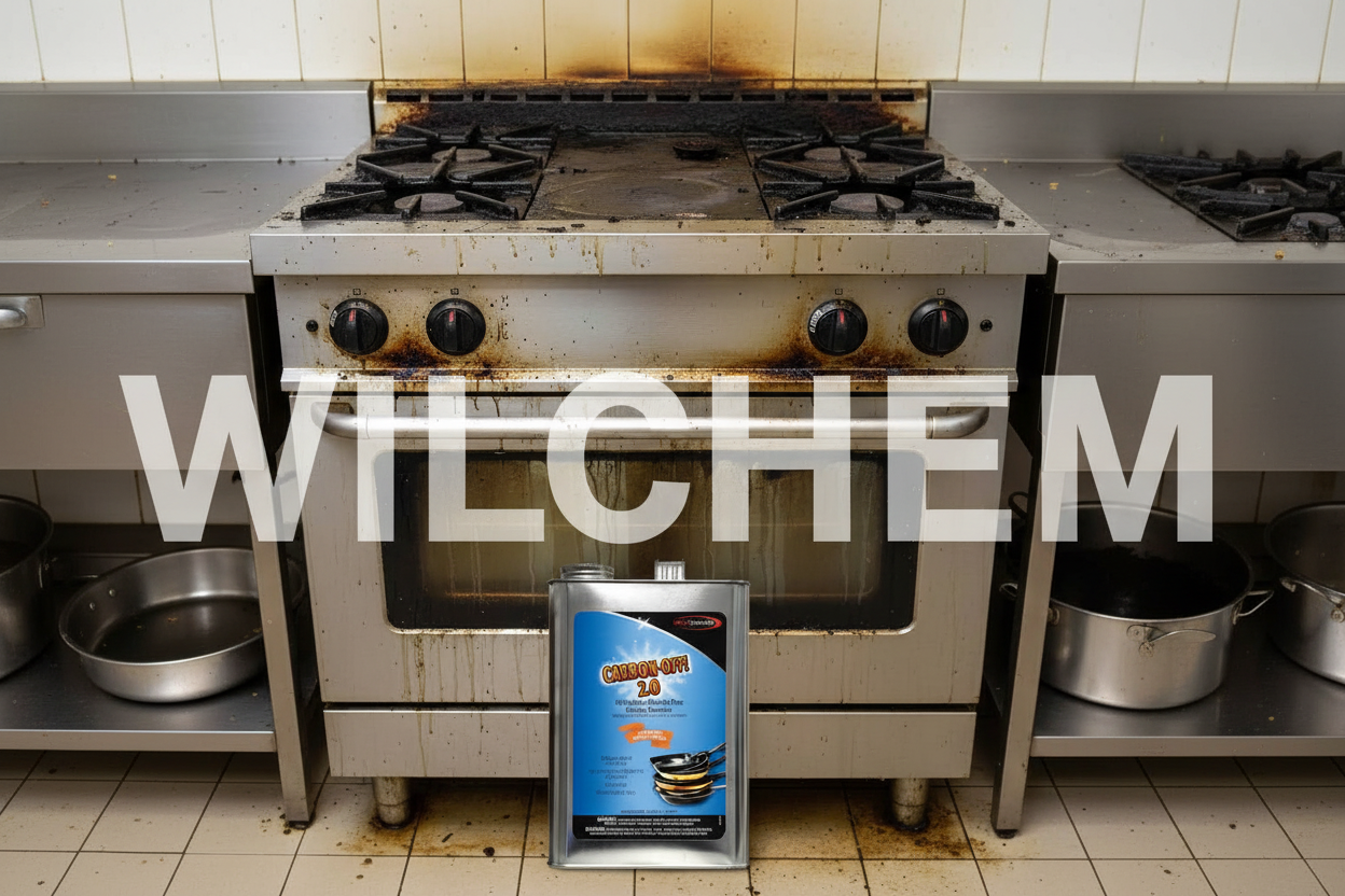 Carbon Off Oven Cleaner in Front Of Dirty Oven - Wilchem Watermarked 30%