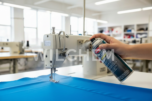 Sprayway SW-945 Silicone Spray being applied to sewing machine machinery in a light manufacturing workshop