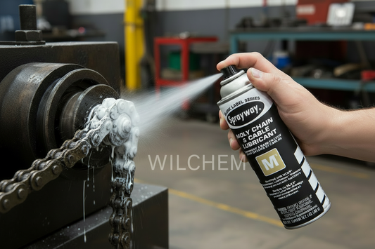 M1 Moly Chain & Cable Lubricant being applied to industrial roller chain rollers, pins, links and bushings