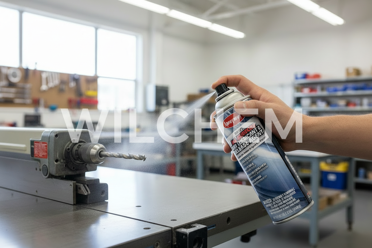 Hand spraying Sprayway SW-077 All Purpose Dry Lubricant onto a drill bit or cutting tool in an industrial workshop