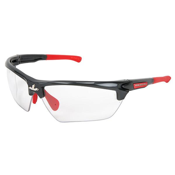 MCR Safety Dominator™ 3 Eyewear, Gun Metal/Red Frame, Max6™ Clear Anti-Fog Lens - Case of 12