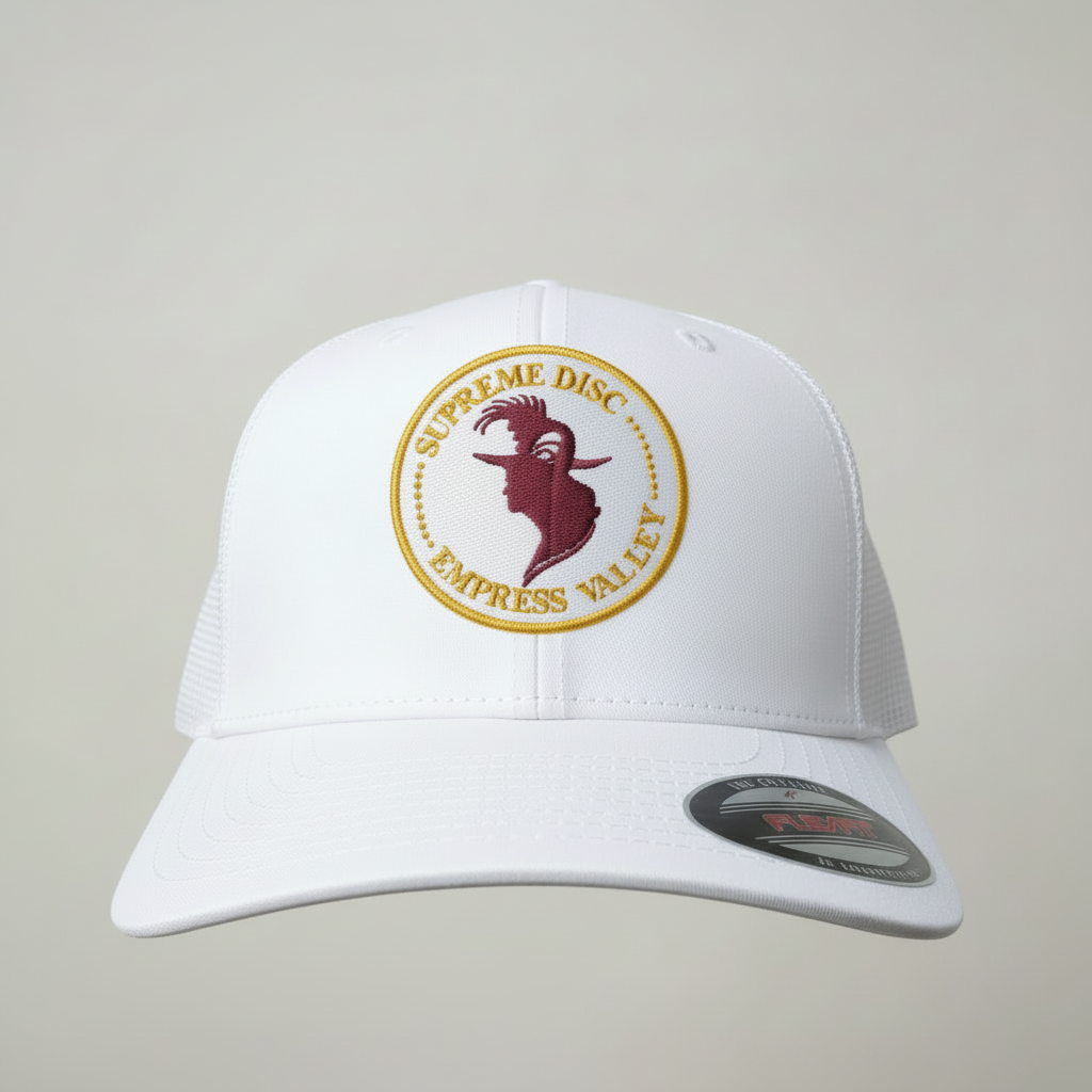 White Hat Burgundy Head Yellow-Gold Font Hat Color BG