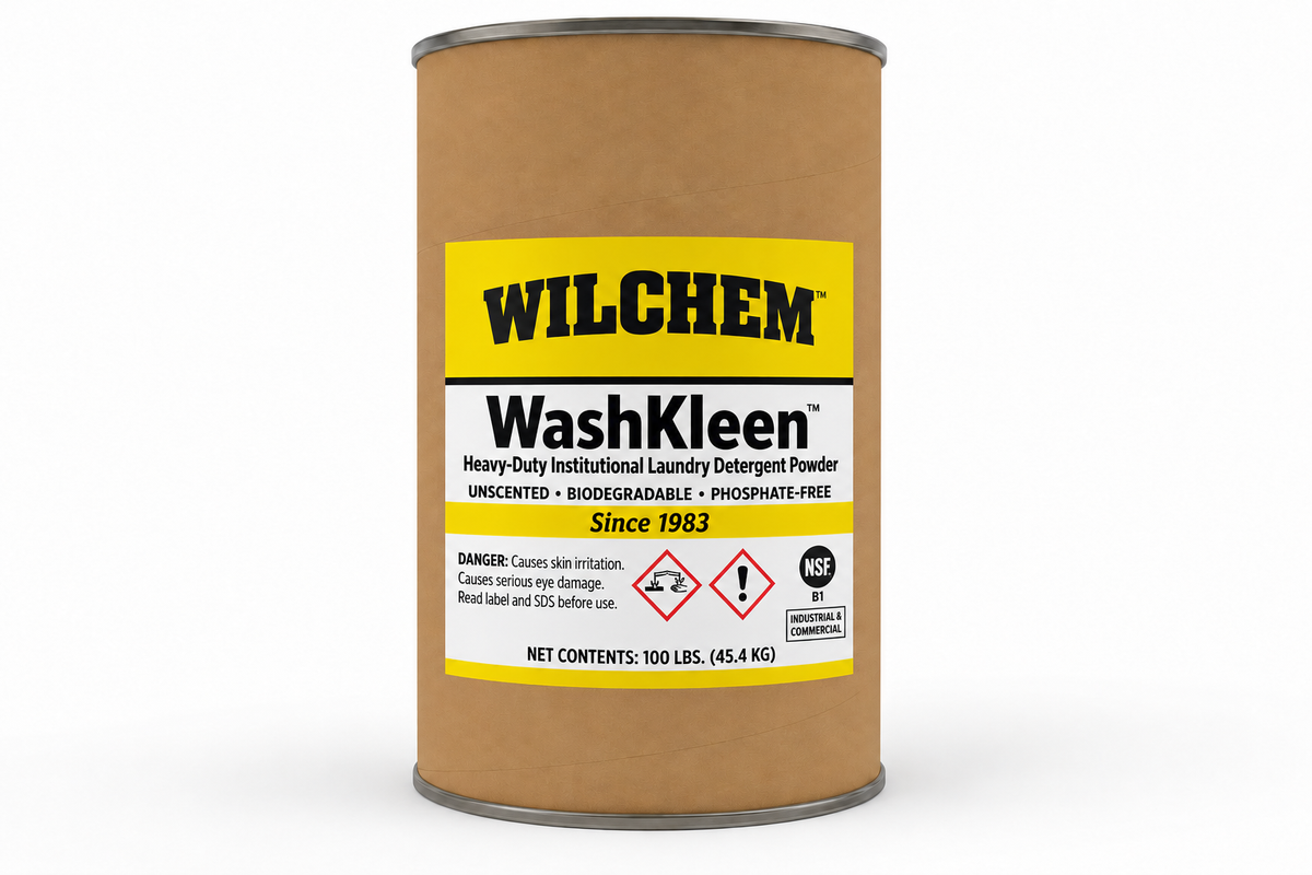 Wilchem WashKleen heavy-duty institutional laundry detergent powder 100 lb fiber drum