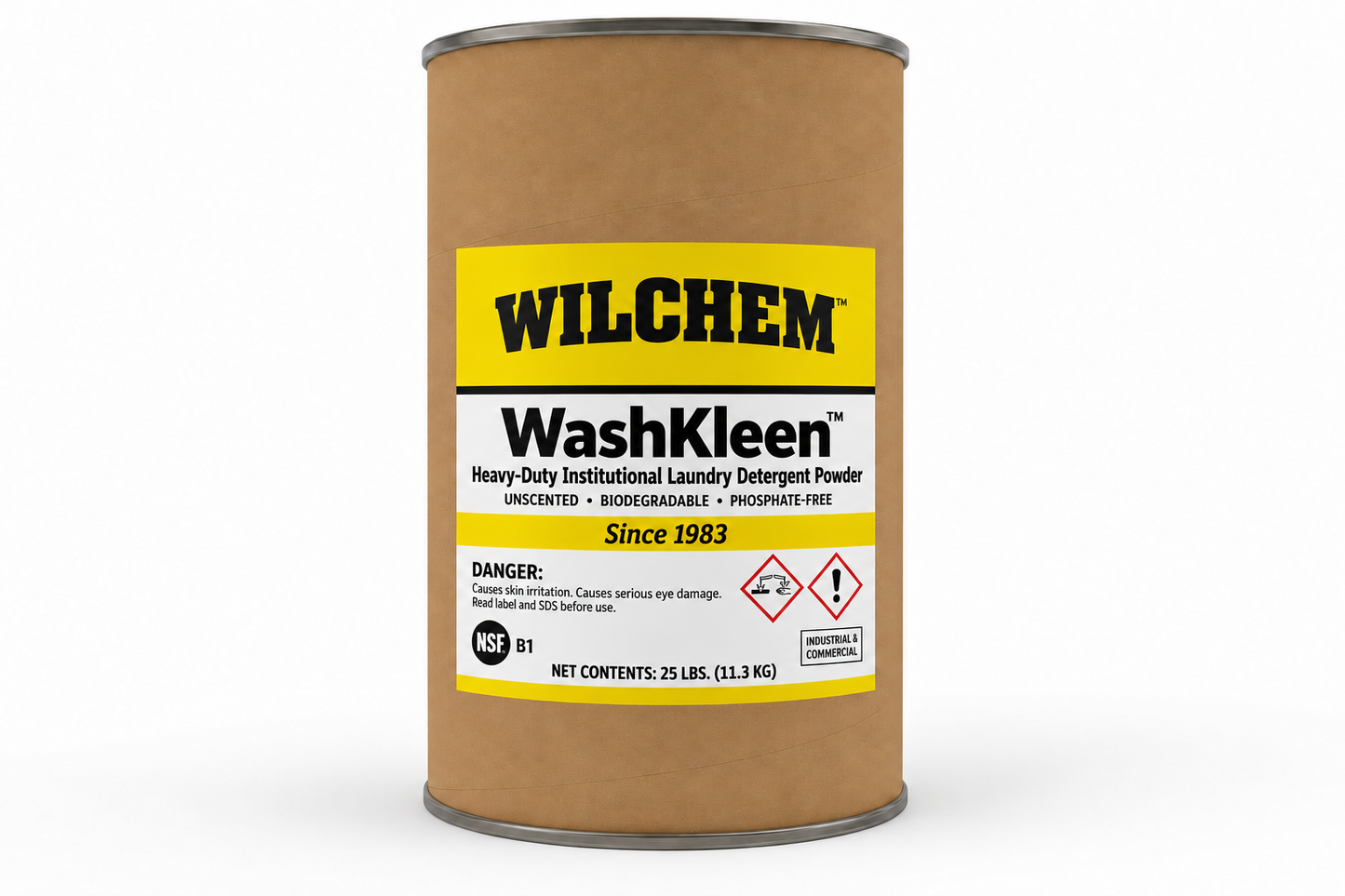 Wilchem WashKleen heavy-duty institutional laundry detergent powder 25 lb fiber drum