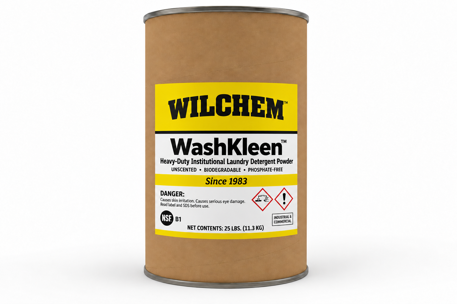 Wilchem WashKleen heavy-duty institutional laundry detergent powder 25 lb fiber drum