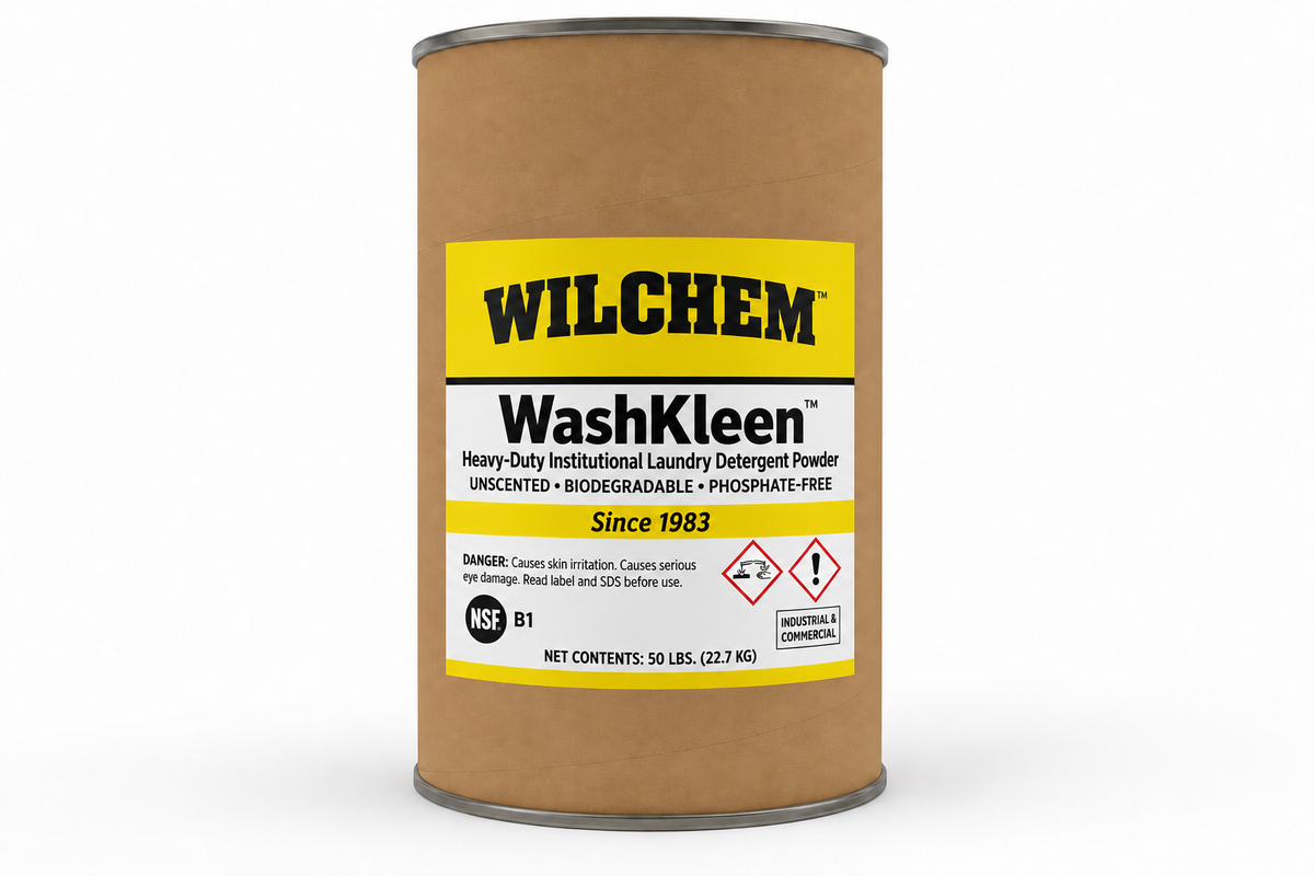Wilchem WashKleen heavy-duty institutional laundry detergent powder 50 lb fiber drum