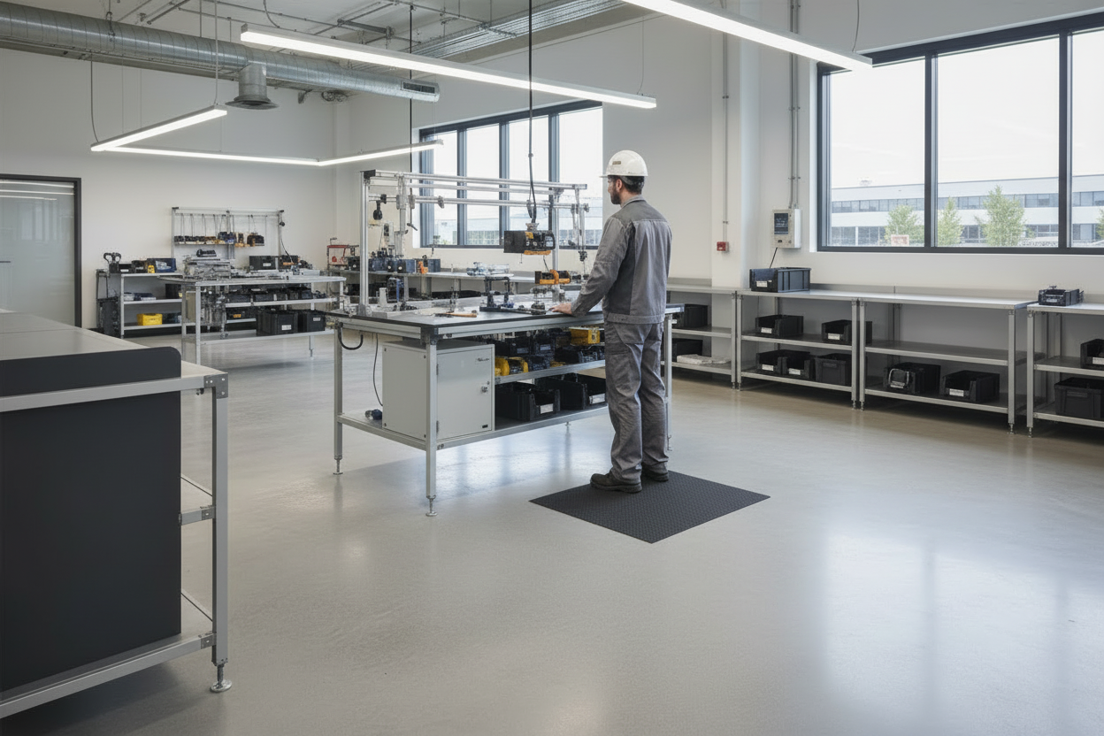 Worker on Smaller Anti-Fatigue Tape Area at Assembly Table